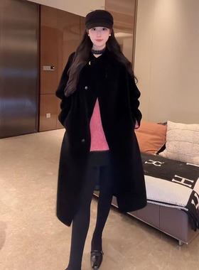 大李plus 黑色一粒扣100羊毛大衣女冬季高级颗粒毛长款毛呢外套