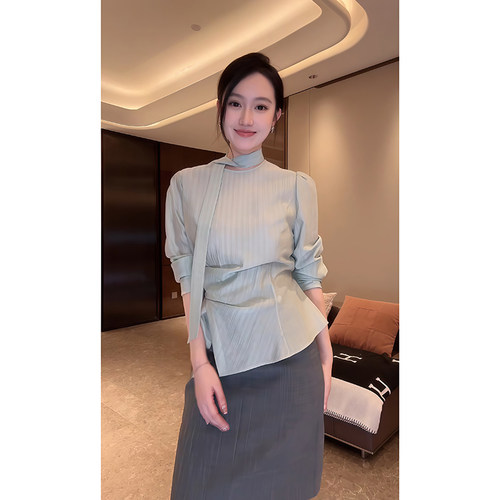 大李plus莱赛尔法式收腰飘带衬衫女夏季气质优雅圆领宽松休闲上衣