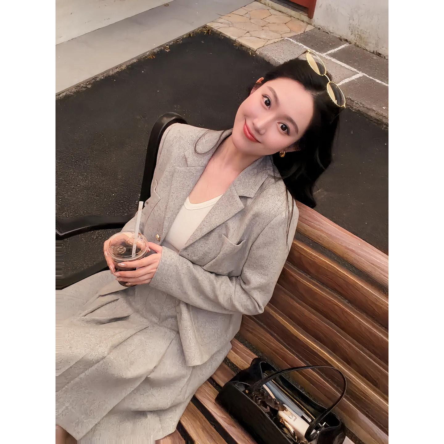 大李plus羊毛山羊绒西装套装女秋季气质金扣西服外套+高腰百褶裙