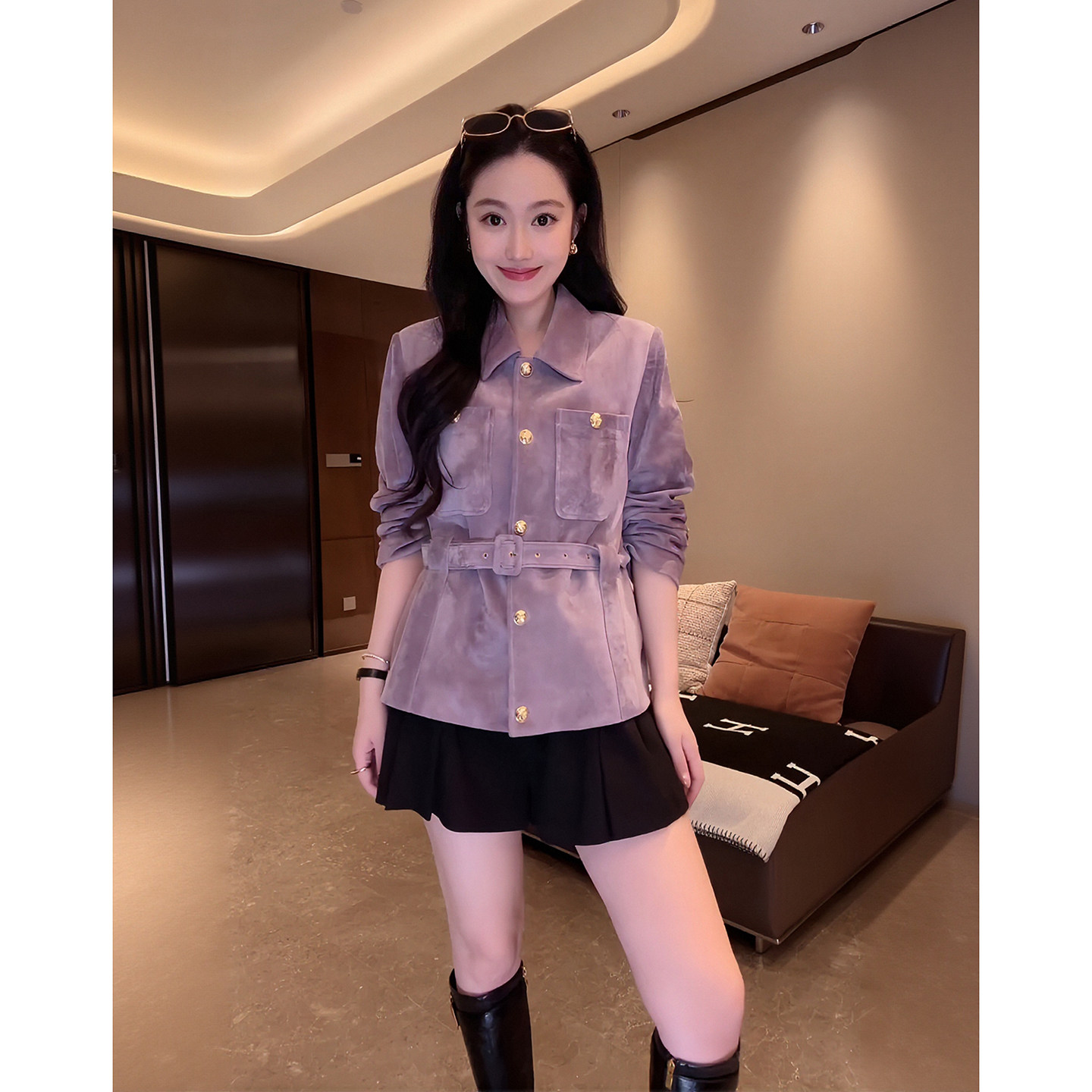 大李plus100绵羊皮反绒皮衣女秋季高级感设计时尚气质简约上衣