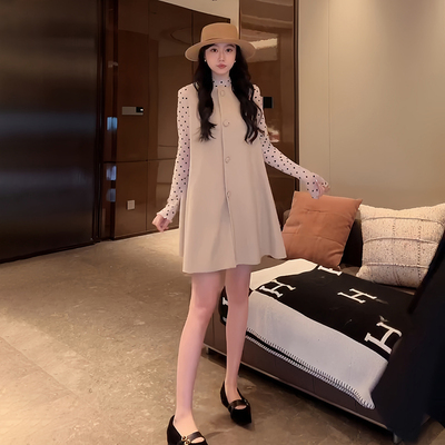 圆领短款羊毛醋酸马甲连衣裙女