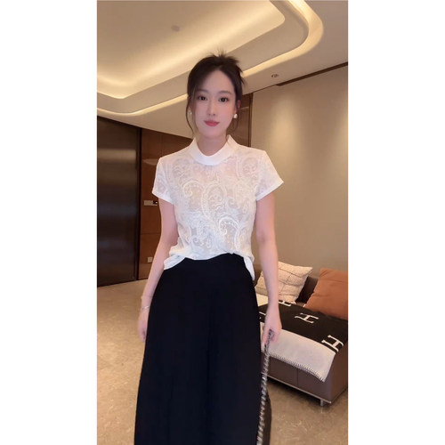 大李plus腰果花纹浮雕提花针织T恤女夏季莱赛尔立领显瘦短袖上衣