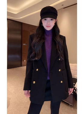 大李plus 羊绒澳毛黑金双排扣中长款大衣女冬季黑色西装毛呢外套