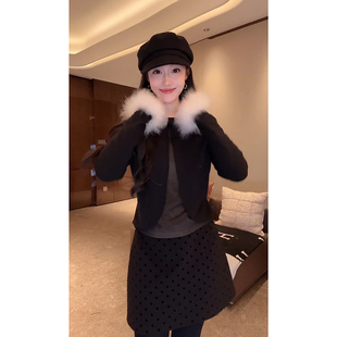 大李plus鸵鸟毛加厚羊毛混纺针织衫女秋冬温婉蝴蝶结新款上衣外套