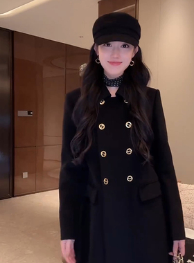 大李plus年底战袍30羊绒70澳毛黑金大衣女冬季黑色中长款毛呢外套