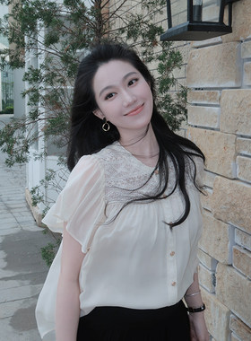 大李plus100桑蚕丝小飞袖衬衫女夏季蕾丝拼接设计感法式小衫上衣