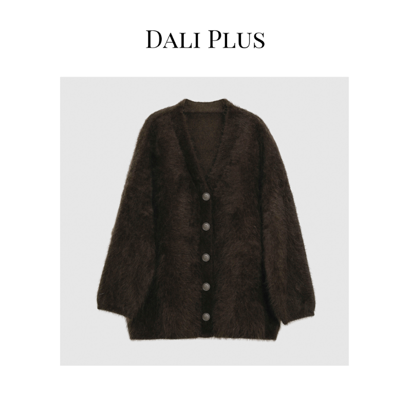 大李plus高奢款JIN口纱线温柔软糯慵懒灰棕色毛开衫针织衫MS006