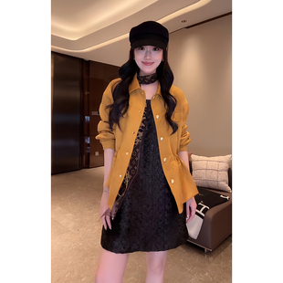 大李plus皮反绒收腰短款风衣女春季翻领纯色单排扣休闲简约款外套