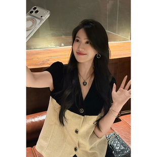 大李plus100黑金真丝丝绒撞色套装女夏季高定质感上衣+短裤两件套