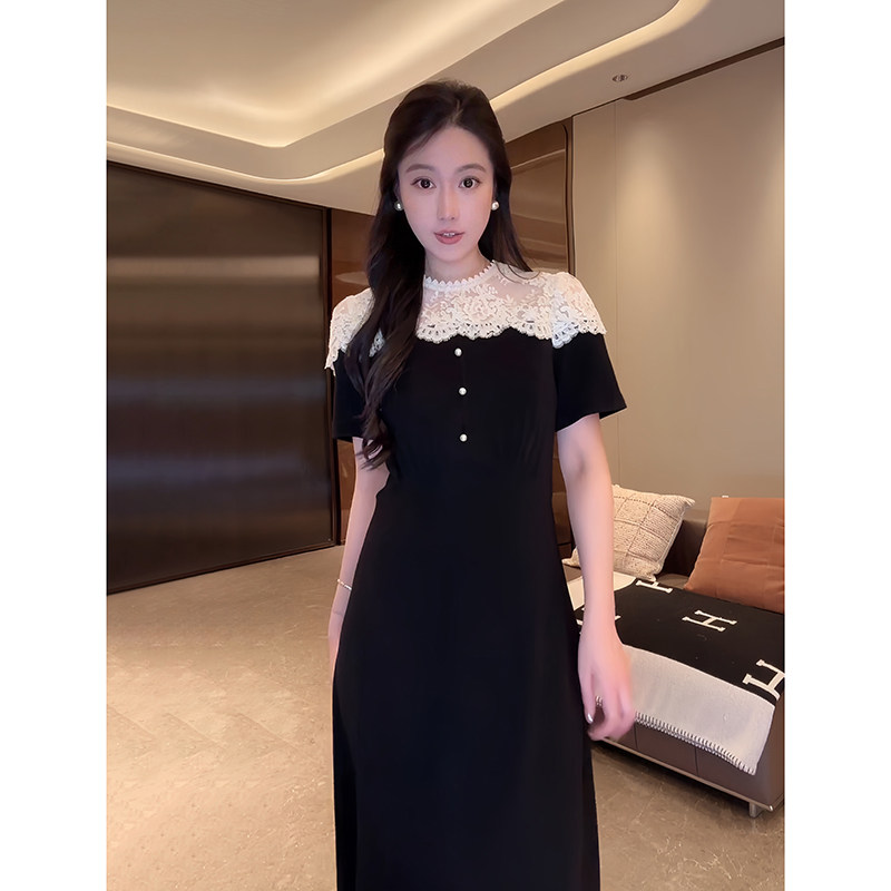 大李plus醋酸黑白撞色蕾丝拼接连衣裙女夏季法式高级质感长款裙子图片
