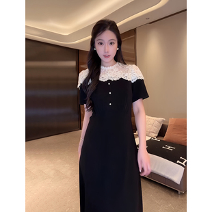 大李plus醋酸黑白撞色蕾丝拼接连衣裙女夏季法式高级质感长款裙子