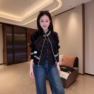 大李plus黑白条纹立领羊毛针织衫女秋季浮雕金扣毛衣开衫外套上衣