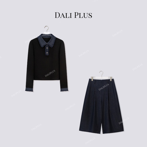 大李plus“牛仔系列卫衣套装”花边Polo领上衣+七分裤-SD601910