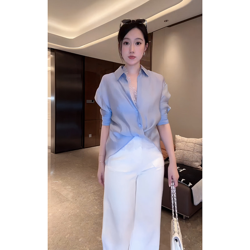 大李plus莱赛尔防晒长袖衬衫套装女夏季搭蕾丝背心扭结上衣两件套