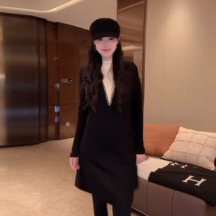 D5ST1547 黑金链条收腰连衣裙 大李plus 假两件针织呢子连衣裙