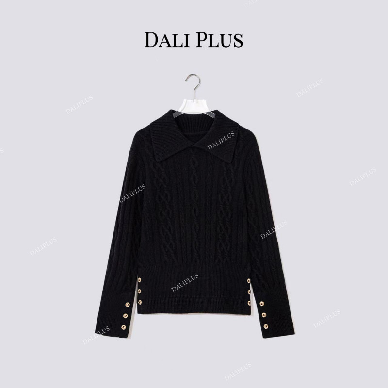 大李plus12颗扣100绵羊毛针织毛衣女春季纯色麻花翻领套头上衣服