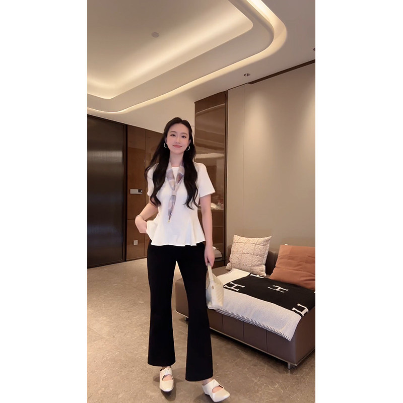 大李plus法式莱赛尔伞摆宽松T恤+系带丝巾女夏季波浪锁边短袖上衣