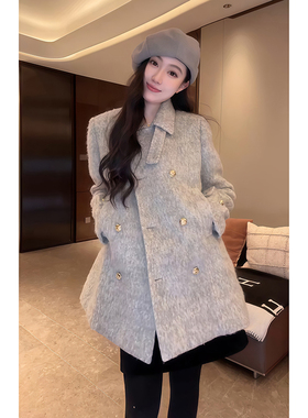 大李plus“三星95白鹅绒服”金丝灰翻领呢子羽绒服-D5ST1540-1