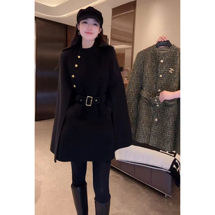 大李plus 双肩章腰带黑色毛呢外套 黑金斜扣斗篷山羊绒大衣女冬季