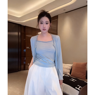 大李plus高醋酸镶钻包边针织上衣两件套女秋季温柔风休闲气质小衫