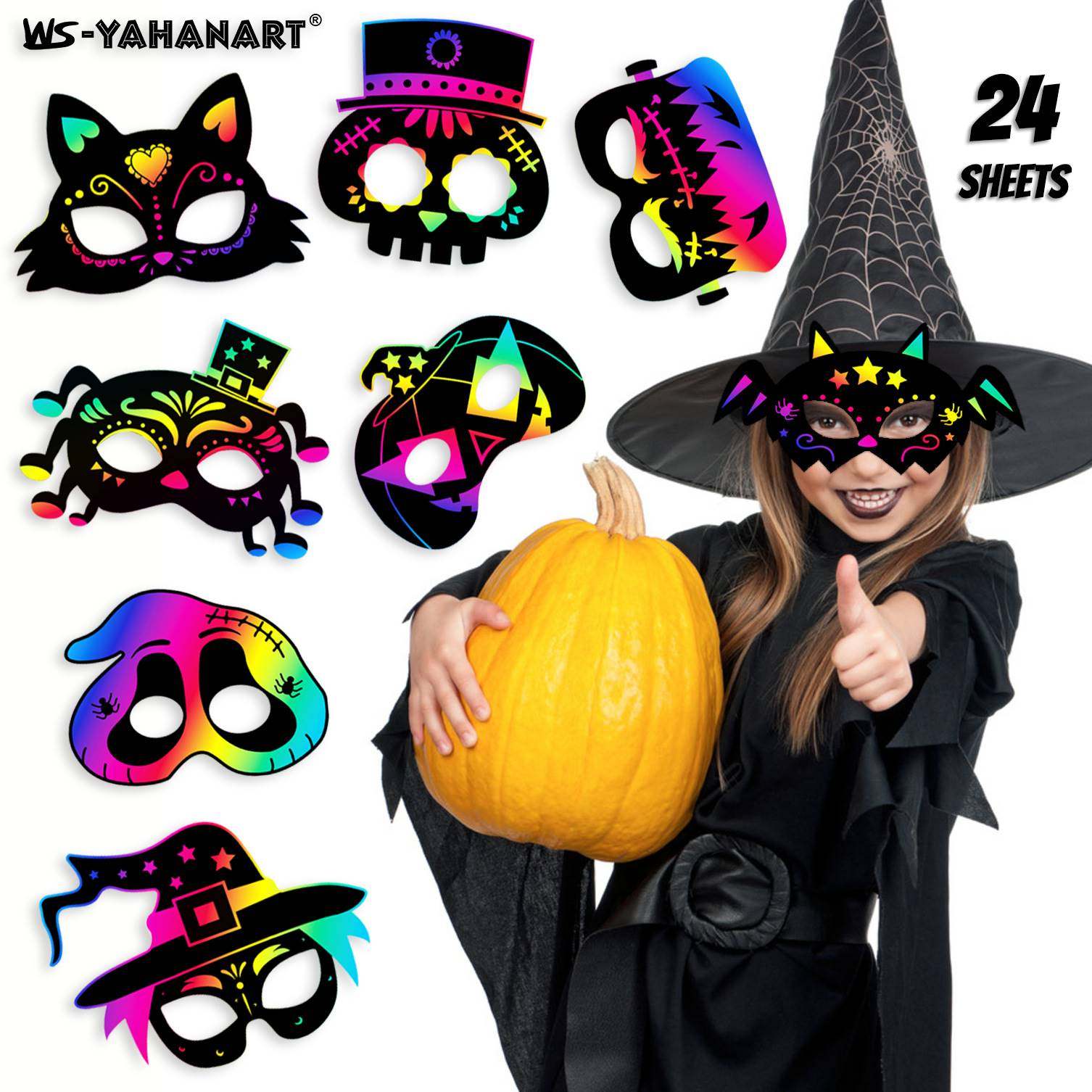 跨境热卖 万圣节刮刮画面具8款花头骨南瓜派对扮演diy刮画纸玩具