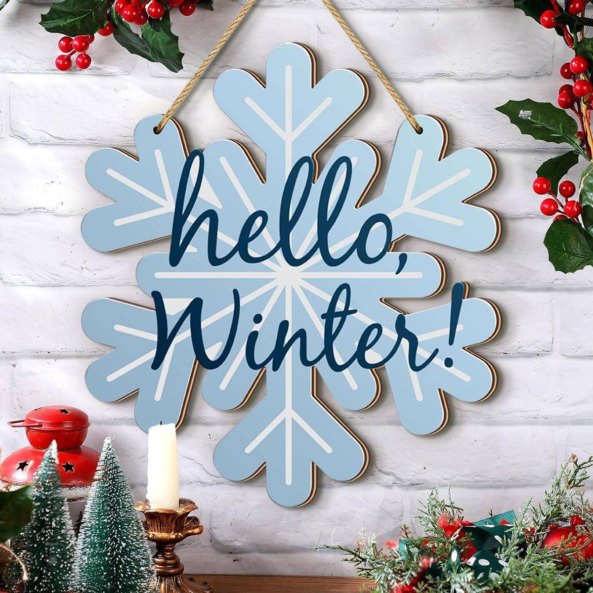 跨境temu新款家居装饰 圣诞节冬季雪花欢迎木质创意装饰牌