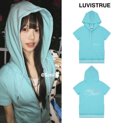 somi家韩国直邮luv is true字母水钻印花连帽拉链短袖T恤 ins韩风