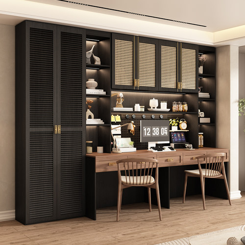 双人书桌书柜一体整墙实木电脑桌书架轻奢带玻璃门学生卧室学习桌