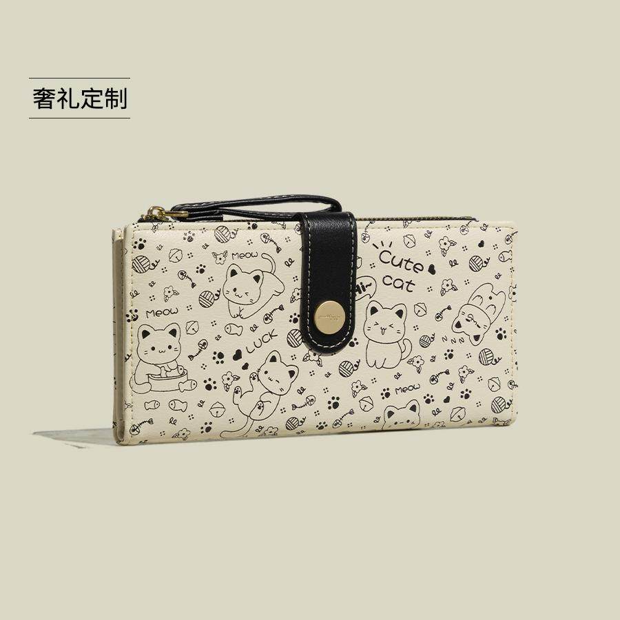 日系可爱小猫卡通长款钱包女拉链零钱包小众女士横款女包猫咪图案