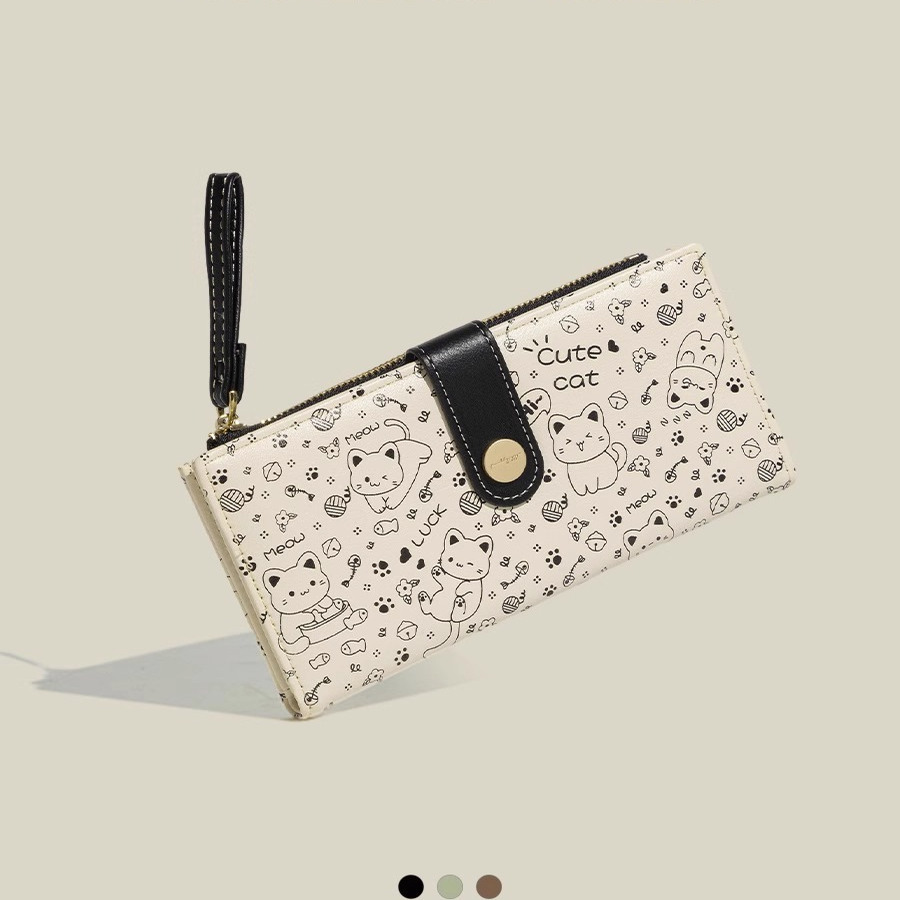 日系卡通可爱猫咪多功能钱包长款女款女生时尚卡包拉链零钱包学生