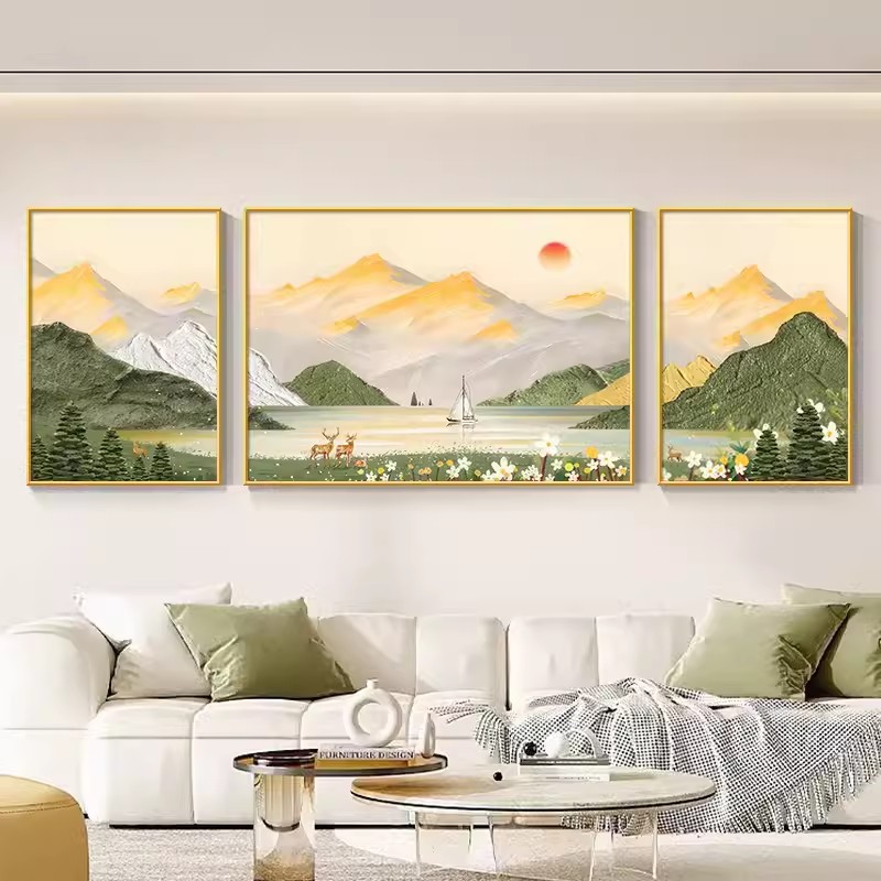 日照金山钻石画 画满钻新款原木风景山水高级感5D砖石贴画 画三联