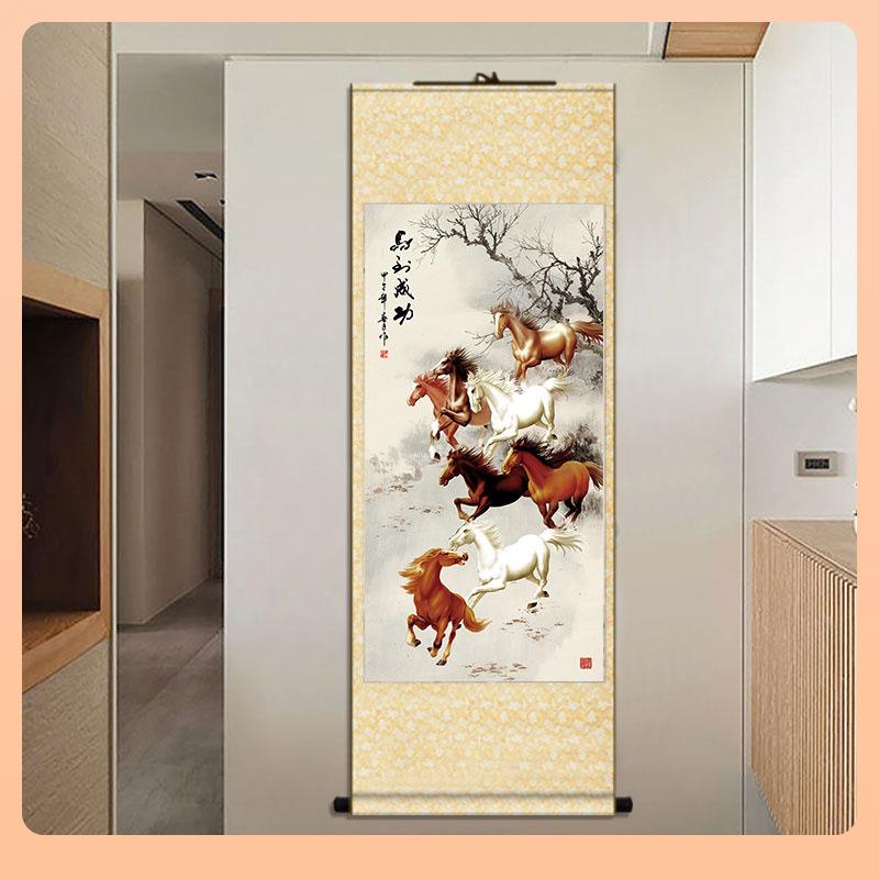 ⇖徐悲鸿马到成功字画丝绸卷轴挂画客厅书法装饰画骏马图山水