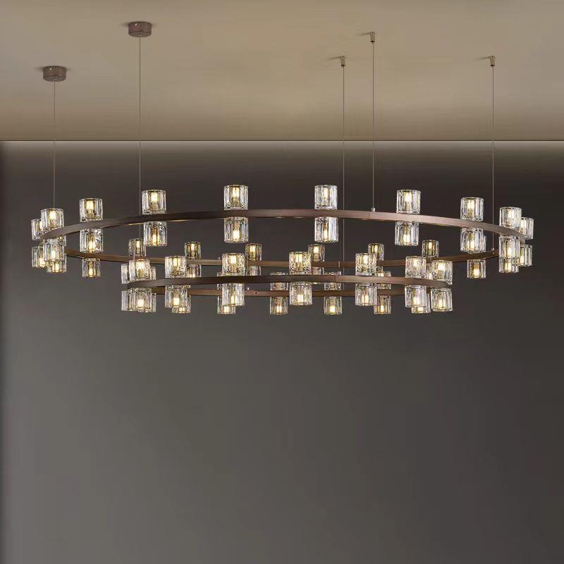 新中式餐厅包厢吊灯酒店大堂饭店包间家用客厅圆形玻璃双层水晶灯