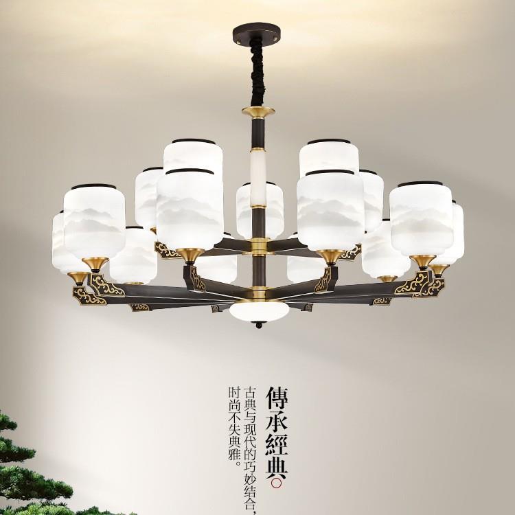 新中式吊灯客厅灯全铜玉石餐厅卧室灯现代简约别墅大厅灯全屋灯具