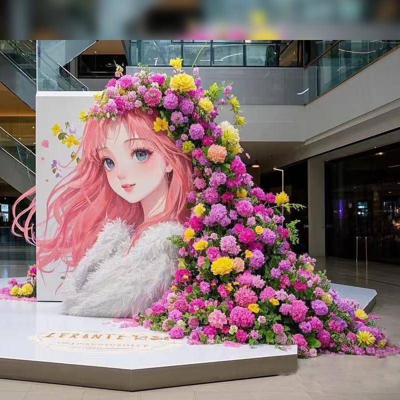 大型墻繪花藝女孩頭發(fā)開花戶外景區(qū)仿真花裝飾布置美陳打卡拍照區(qū)