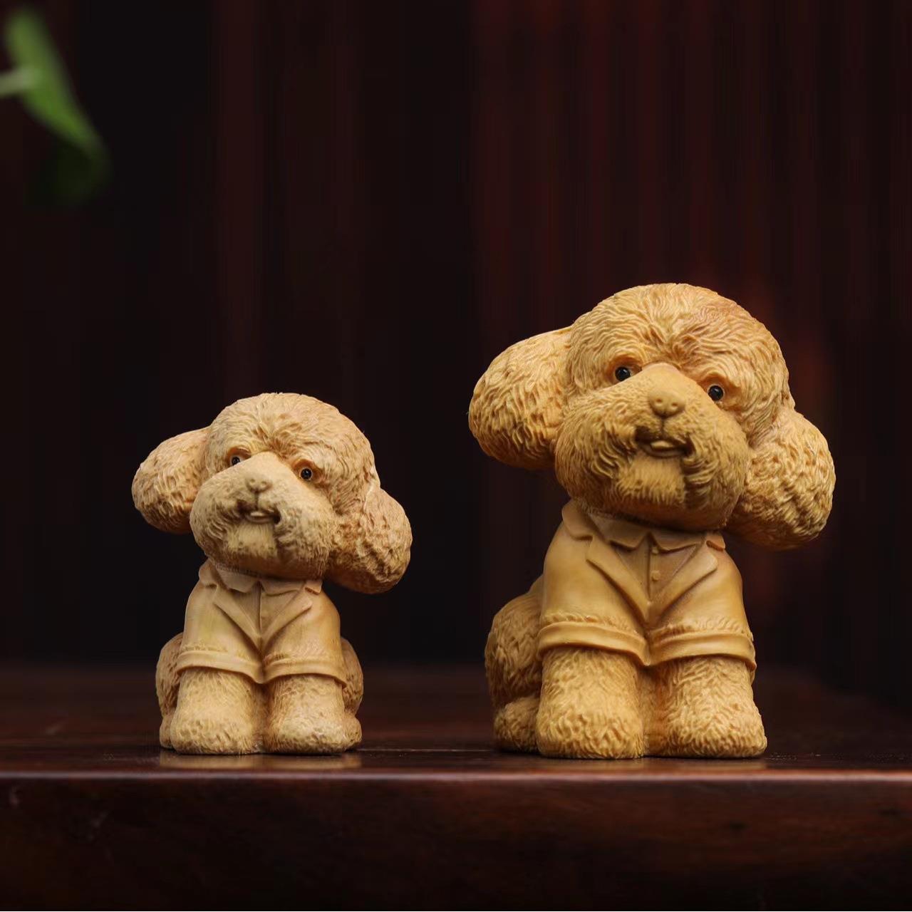 黄杨木创意动物手把件实木可爱狗雕刻工艺品生肖木雕摆件小件泰迪