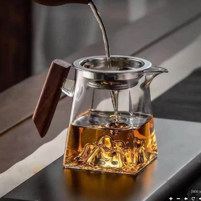 木把四方公道杯玻璃观山茶海高硼硅玻璃关山杯玻璃方杯带茶漏套装