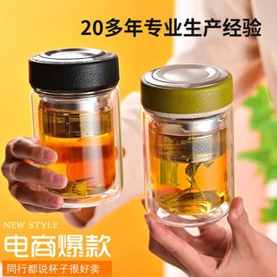 双层玻璃杯带盖家用隔热高颜值茶杯便携透明玻璃耐高温水杯