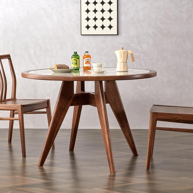 8V飞碟实木圆桌岩板客厅餐厅家用小户型黑胡桃木圆桌圆形饭桌定