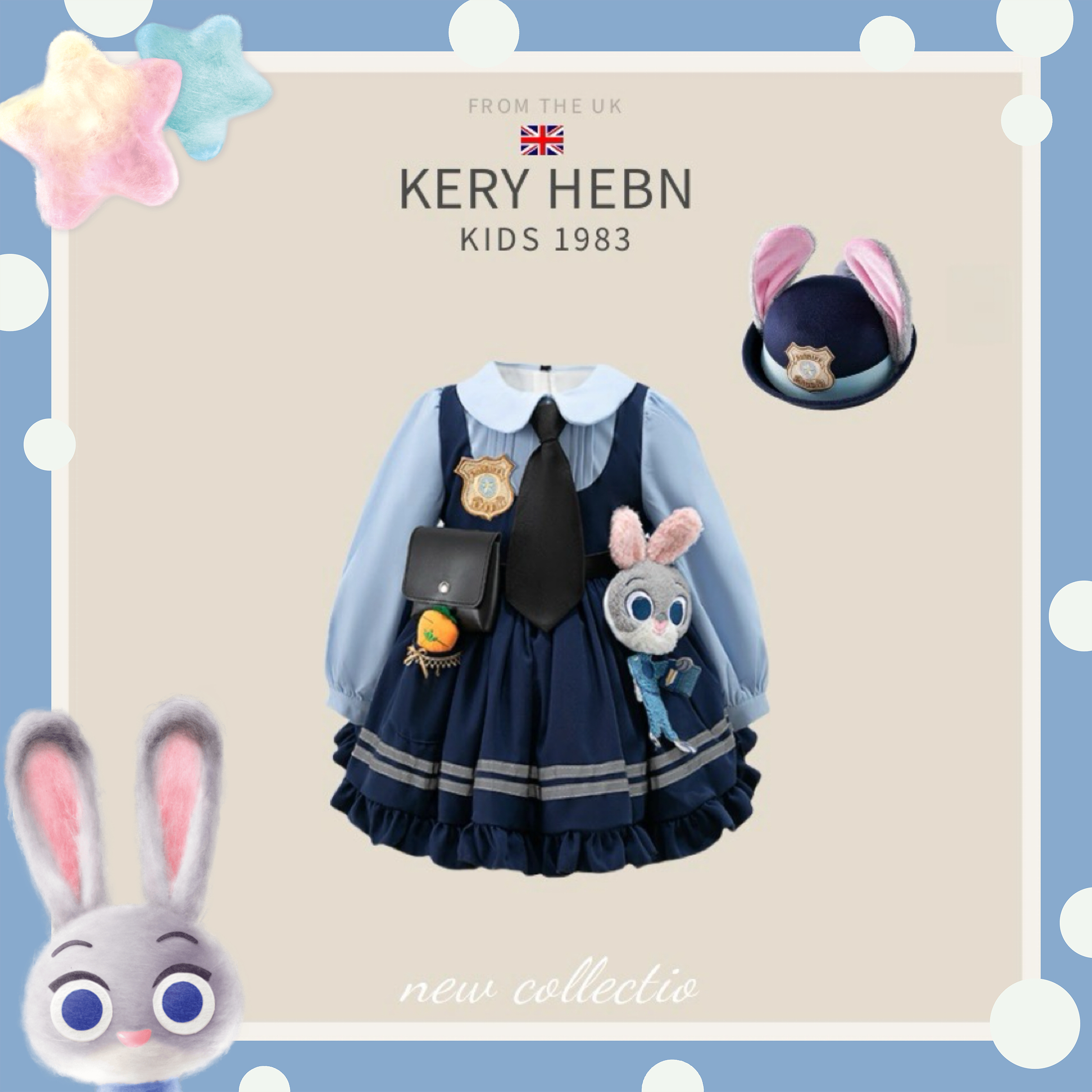 KeryHebn女童春夏朱迪兔子警官cos服儿童洛丽塔短袖学院风连衣裙