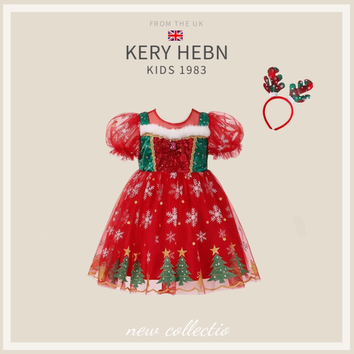 KeryHebn女童圣诞连衣裙红色亮片公主裙节日演出服蓬蓬纱公主裙