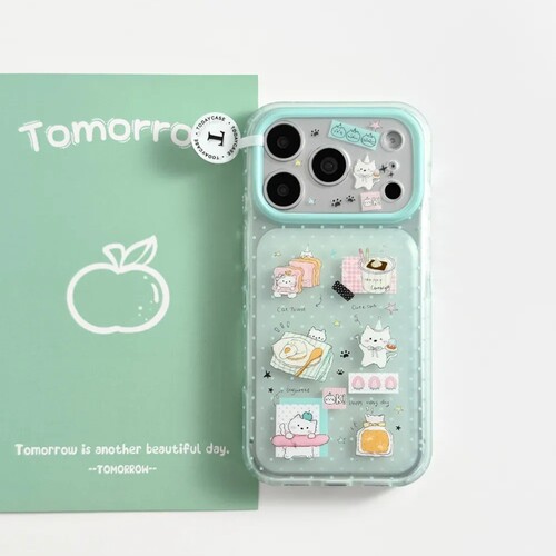 ins韩风透色薄荷绿猫咪吐司适用苹果17promax新款iPhone16promax手机壳15pm趣味可爱17P个性卡通16全包保护套