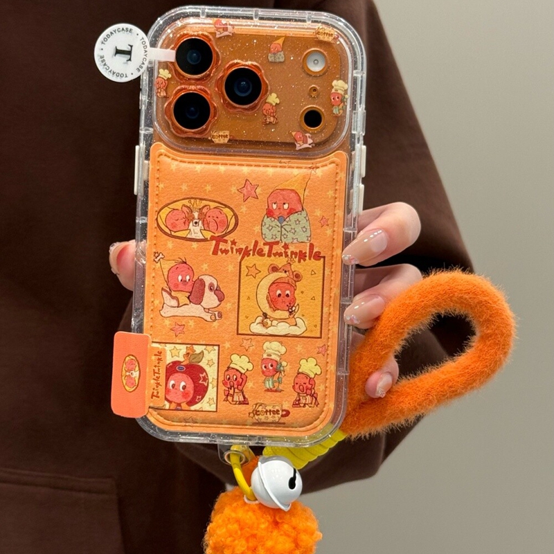 可爱皮纹橙底满屏星星人插画带手绳适用苹果17promax新款iPhone16promax手机壳17个性13创意15pm卡通14保护套