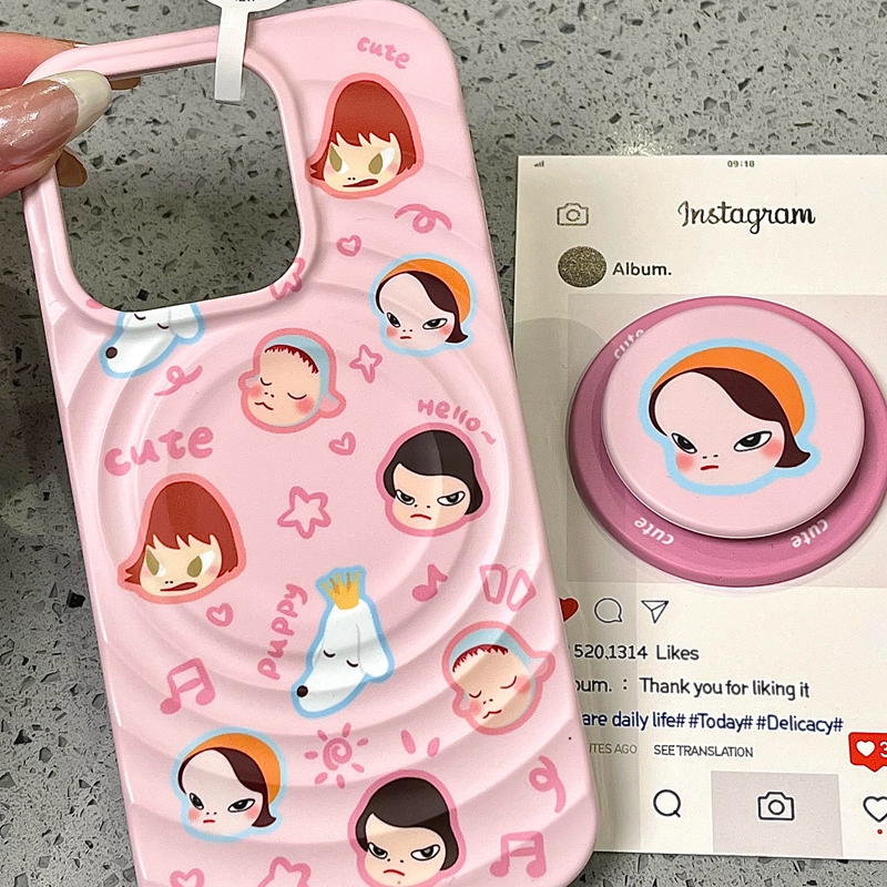 日韩ins粉色可爱奈良美智磁吸支架适用iPhone16promax手机壳15promax少女新款14小众创意13高级16p个性防摔套
