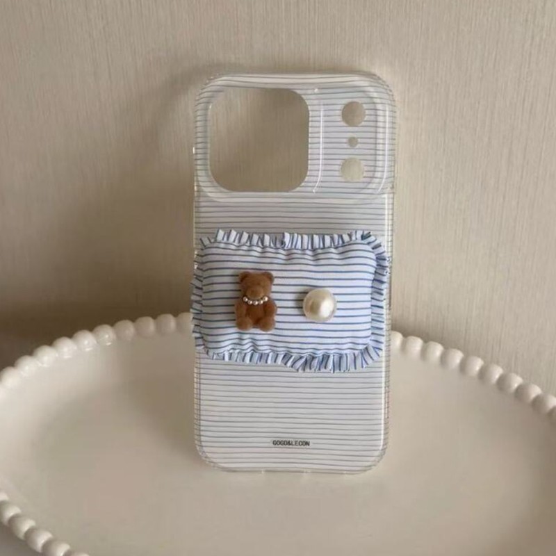 新品蓝条纹立体珍珠小熊枕头支架适用苹果17promax新款iPhone16promax手机壳14Pro创意17可爱15P少女13保护套,3C数码配件,手机保护套/壳,淘宝优惠券,粉丝福利购,淘宝优惠卷