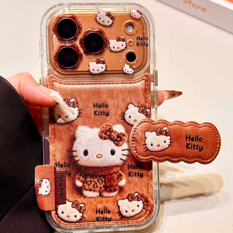 秋冬棕底围巾豹纹蝴蝶结KT折叠支架适用苹果17promax新款iPhone16promax手机壳17小众14卡通15pm少女13保护套