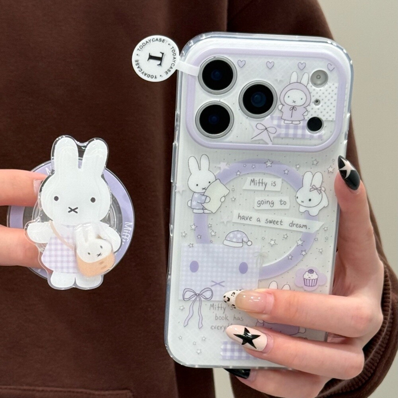 韩风可爱紫格星星挎包米菲兔磁吸支架适用苹果17promax新款iPhone16promax手机壳17少女13个性15卡通14保护套
