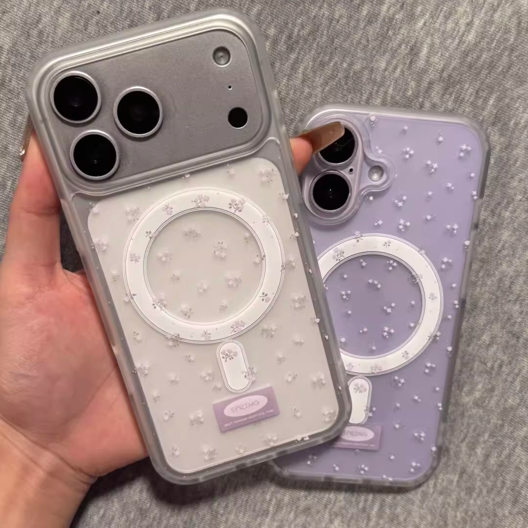 ins韩风肤感磁吸紫色碎花苹果17promax手机壳iphone15/14/13plus双面少女亮面16pro透明14pro全包15pro保护套