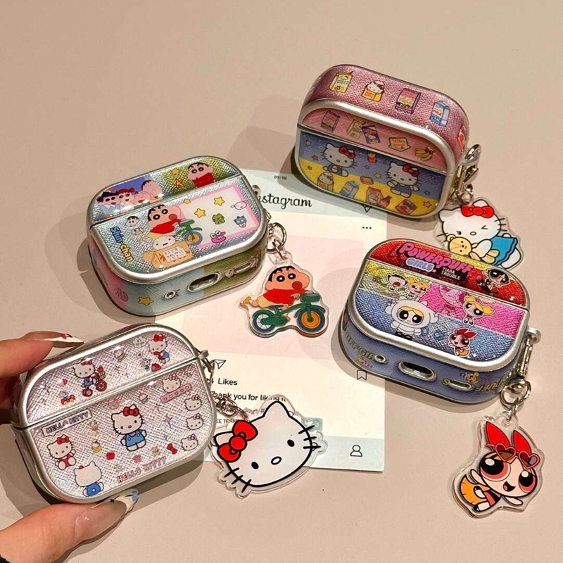 呆萌可爱蜡笔小新小女警KT猫电镀壳苹果AirPods4代无线蓝牙耳机套AirPods3代个性趣味AirPods1/2卡通防摔套潮