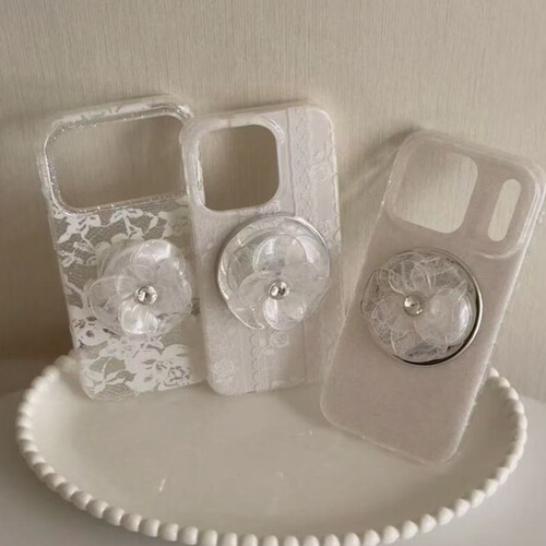 韩系立体蕾丝水晶花磁吸支架适用苹果17promax新款iPhone16promax手机壳14P超好看17甜美15Pro少女心13保护套